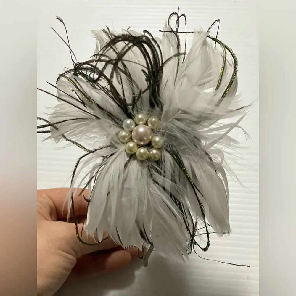White Fascinator headband pearl feathers hair accessory wedding dance event